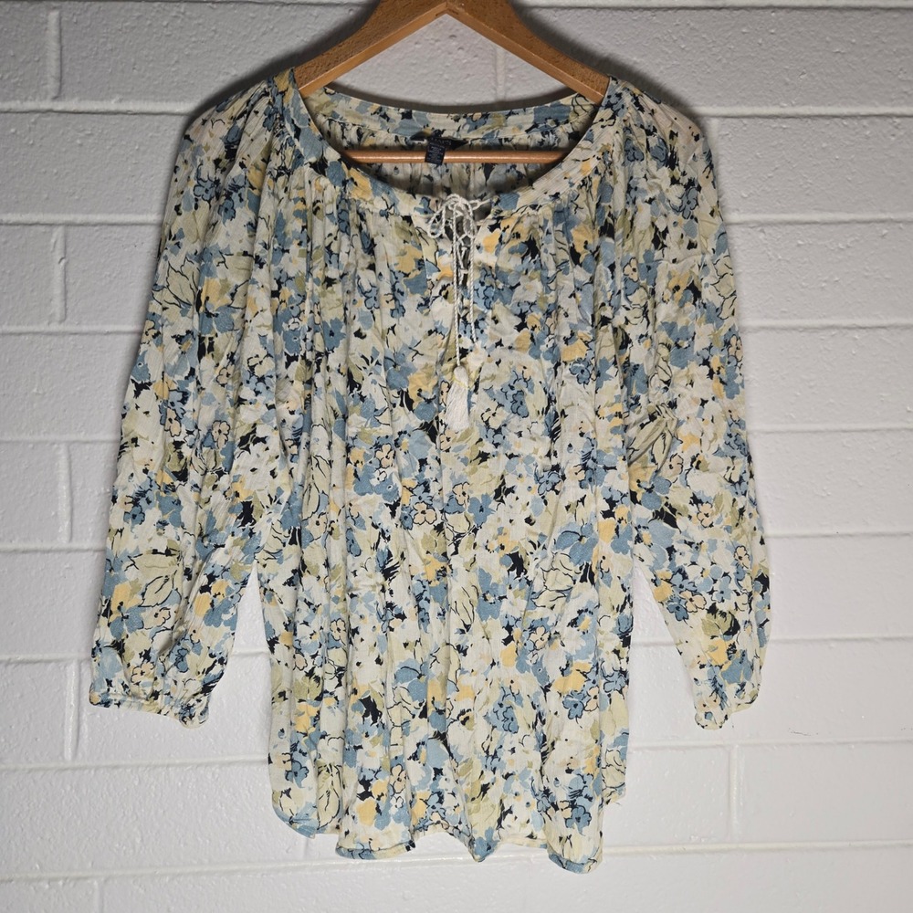 Vtg Chaps Womens Blouse Multicolor Floral Cotton Peasant Top XXL Tassel Tie Boho